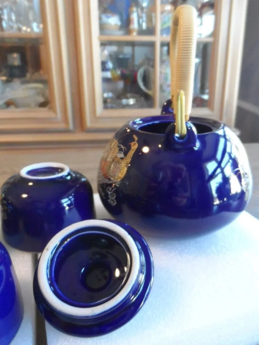 Japanese Cobalt Blue Teapot + 5 Cups Peacock/Floral/Gold Trim Bamboo Handle VTG